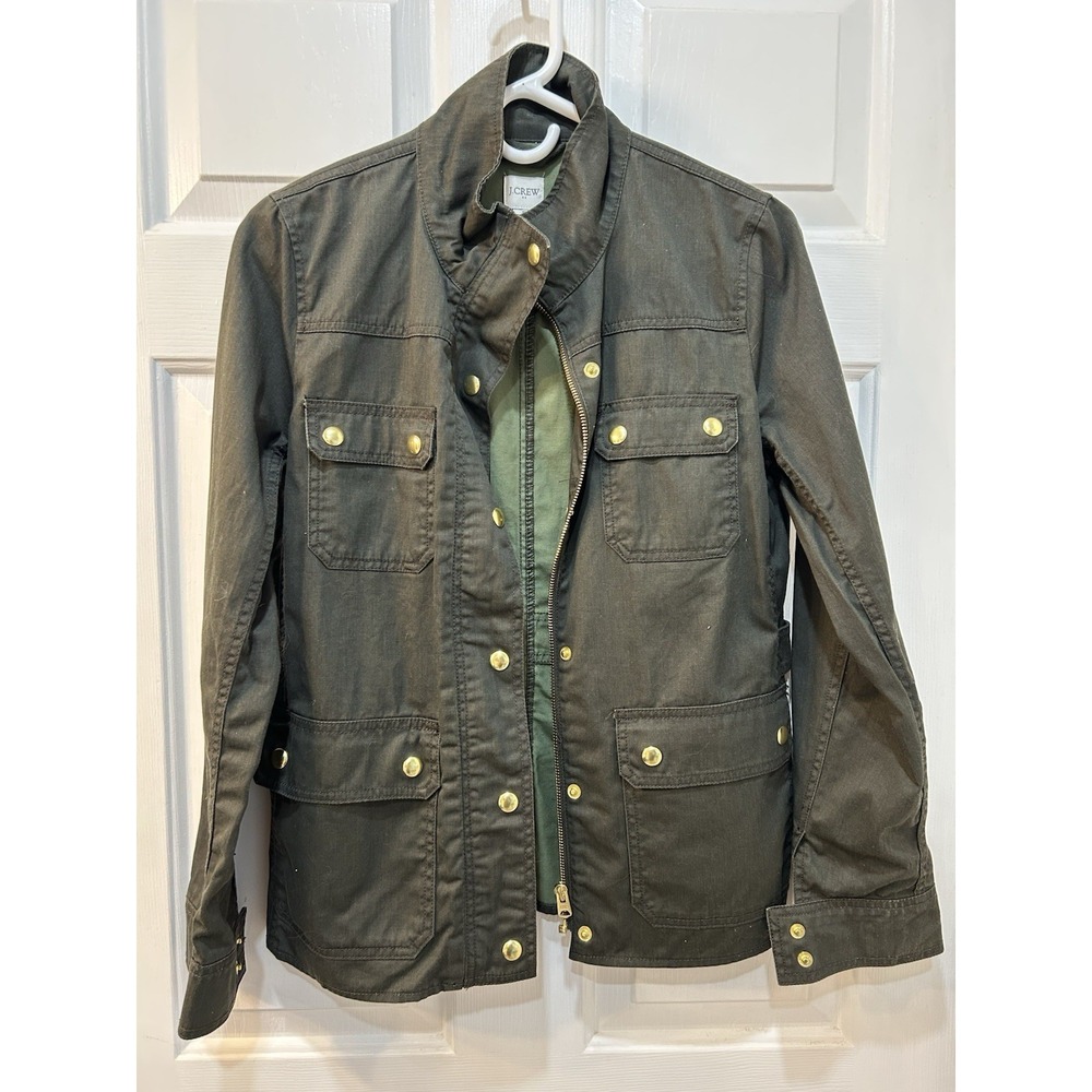 J. Crew Resin Coated Twill Jacket Women's S Olive Green Pockets Zip Snap Utility